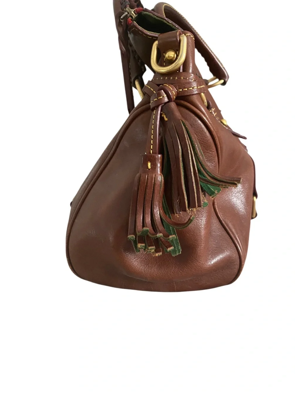 Dooney & Bourke Brown Leather Satchel with Gold Hardware and Tassel